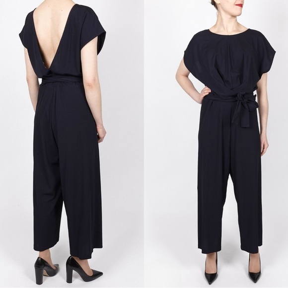 COS Pants - COS Wrap Front Low Open Back Wide Leg Ankle Jumpsuit in Navy Blue Size Medium